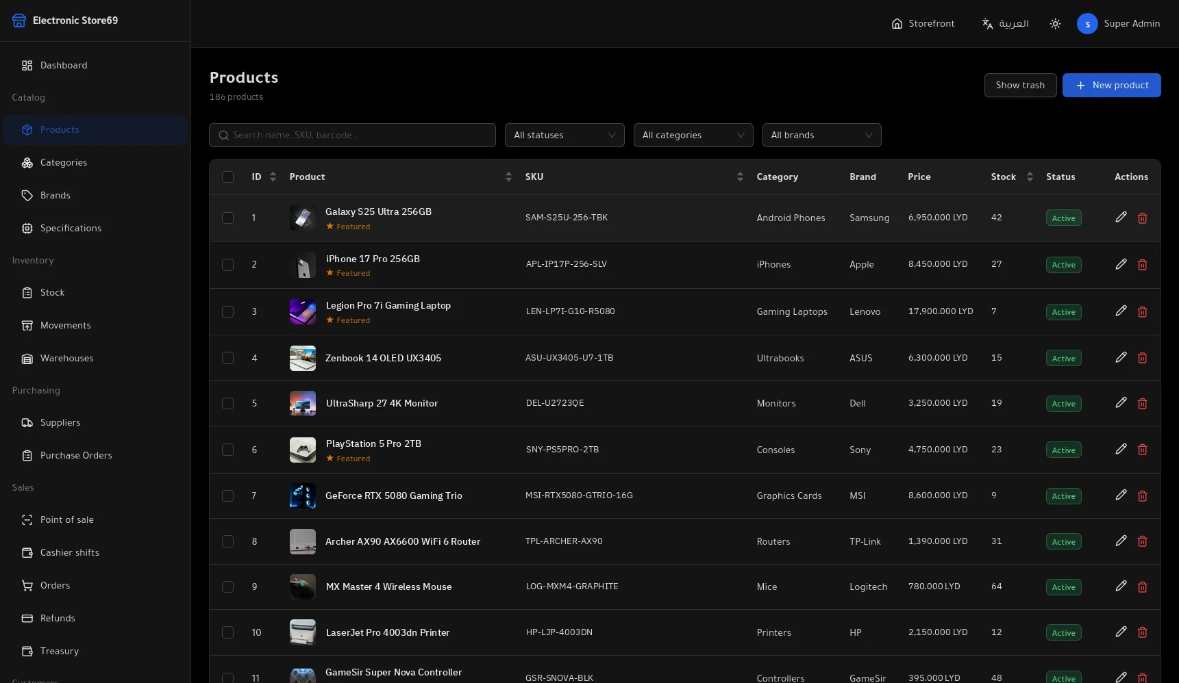 Products list in the store admin panel